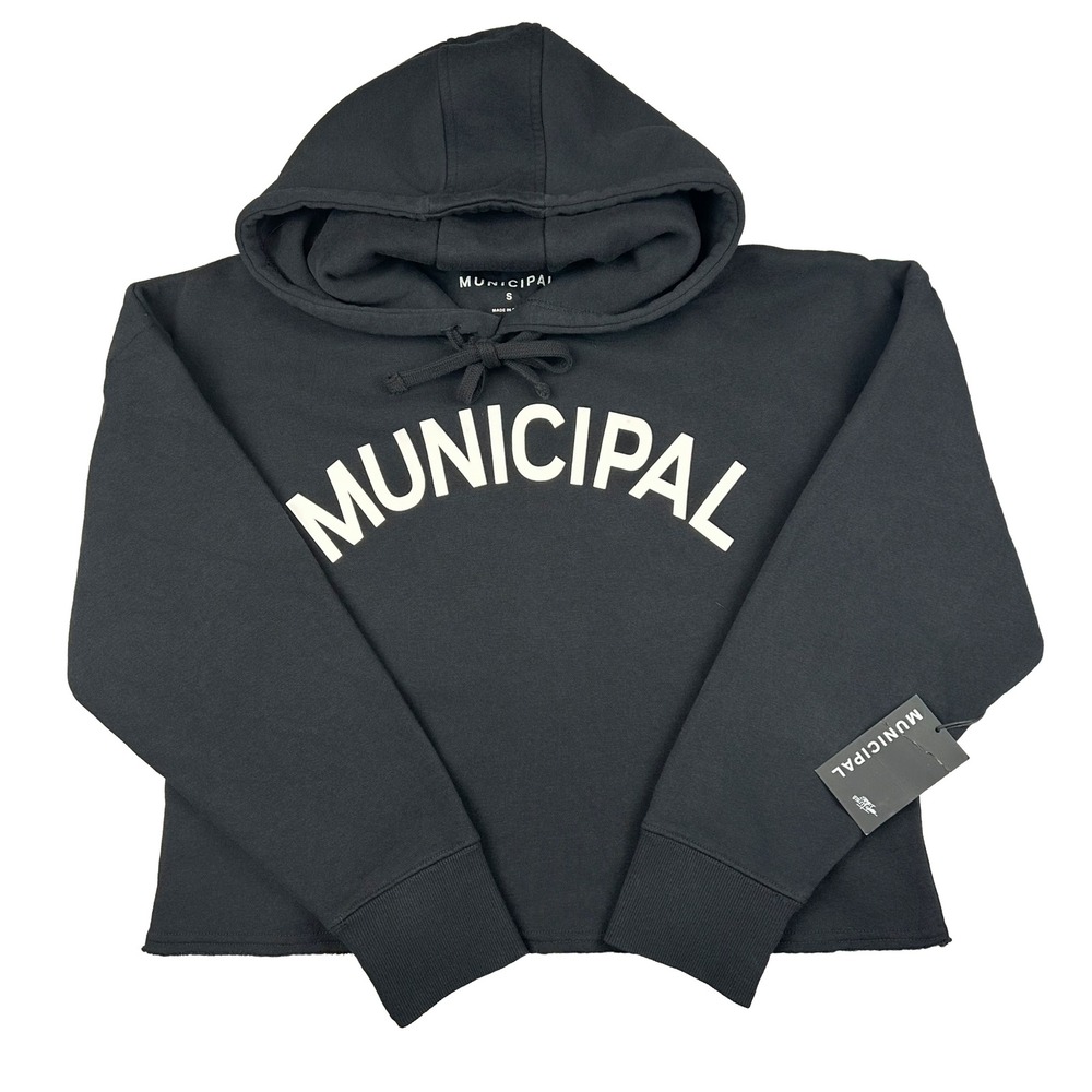 MUNICIPAL Womens Origin Crop Hoodie S Small Black Raw Hem Arch Logo Wahlberg